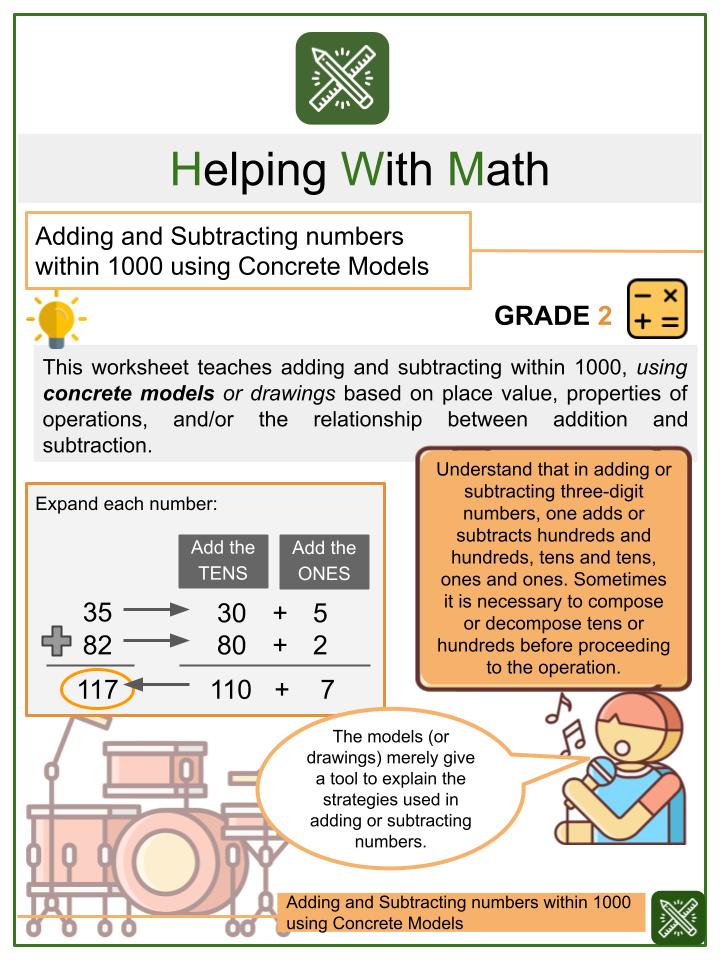 Adding and Subtracting Numbers within 1000 using Concrete Models Worksheets