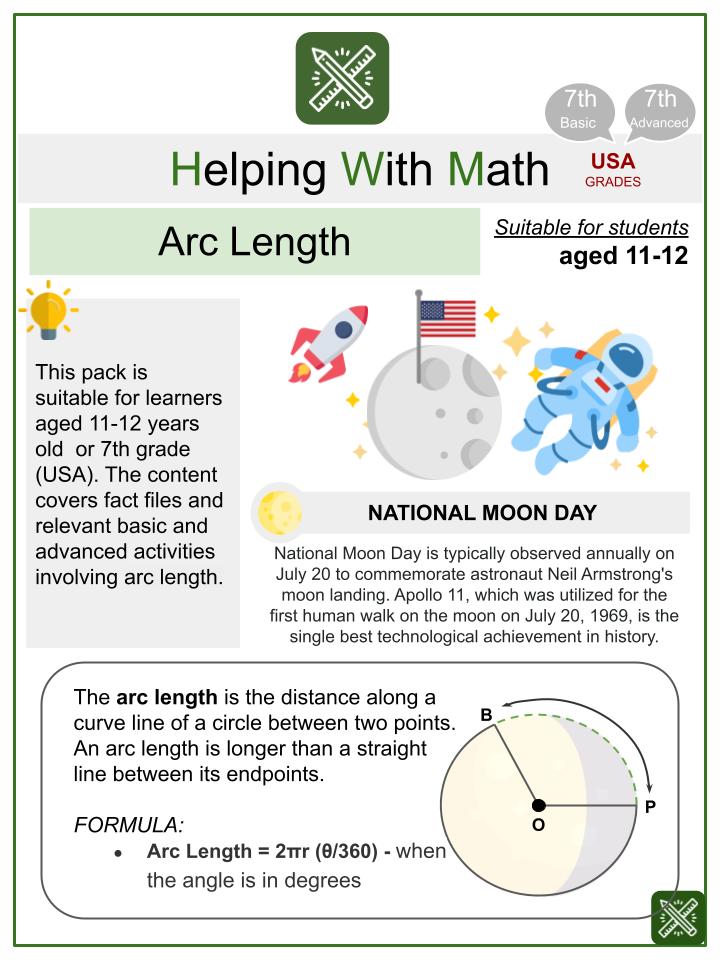 Arc Length (National Moon Day Themed) Math Worksheets