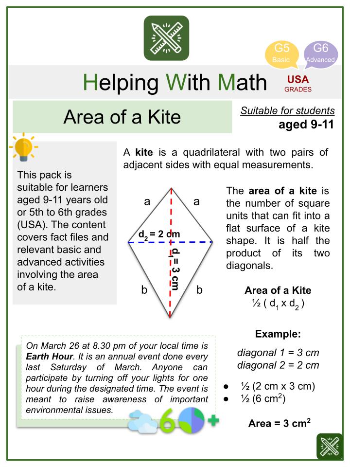 Area of a Kite (Earth Hour Themed) Worksheets