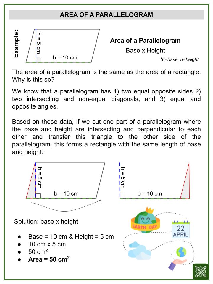 Area of a Parallelogram (Earth Day Themed) Worksheets