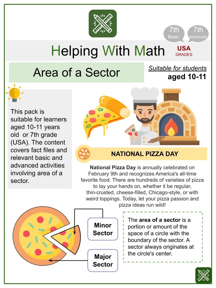 Area of a Sector (National Pizza Day Themed) Math Worksheets