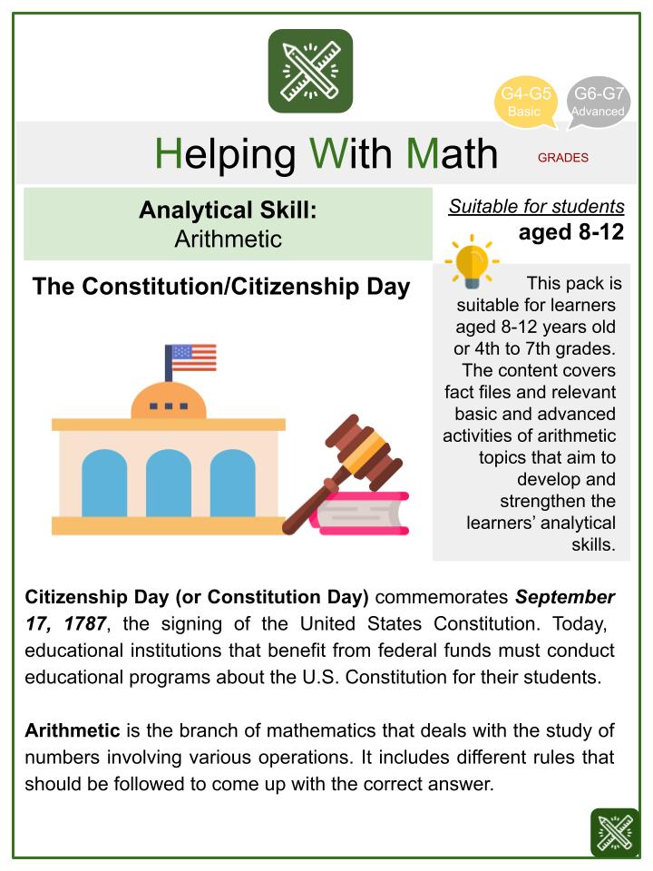 Arithmetic (Citizenship Day_Constitution Day Themed) Worksheets