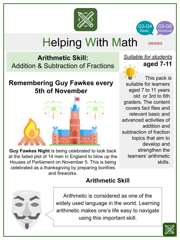 Addition & Subtraction of Fractions (Guy Fawkes Night Themed) Math Worksheets