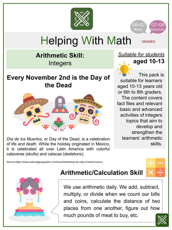 Integers (The Day of the Dead Themed) Math Worksheets
