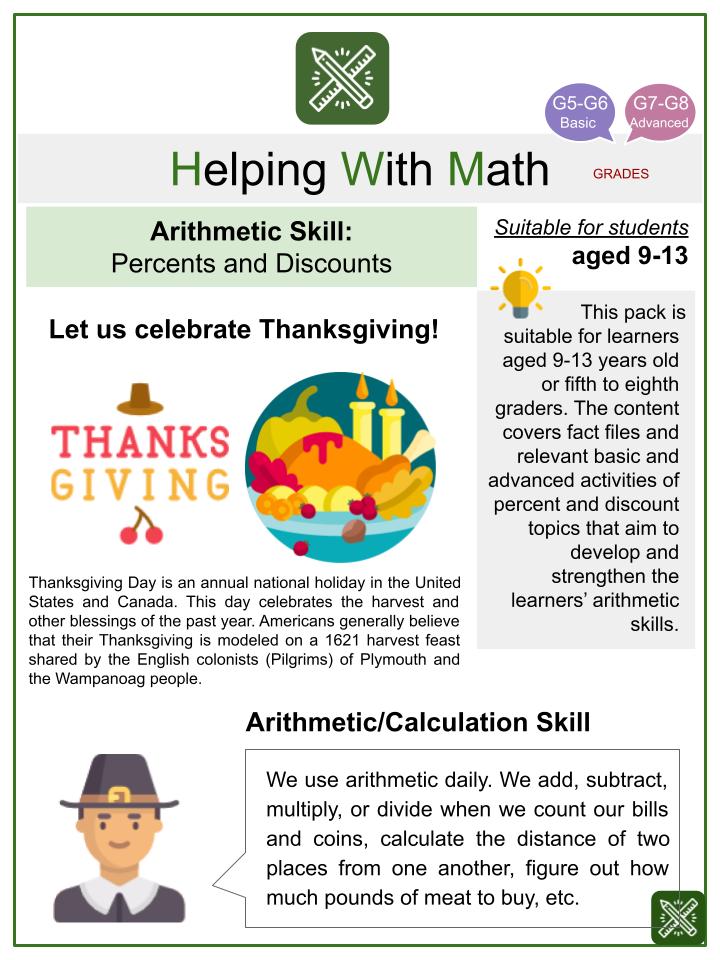 Percents and Discounts (Thanksgiving Themed) Math Worksheets
