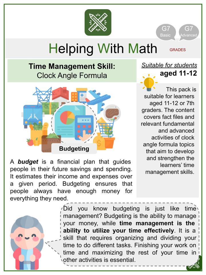 Clock Angle Formula (Budgeting Themed) Math Worksheets