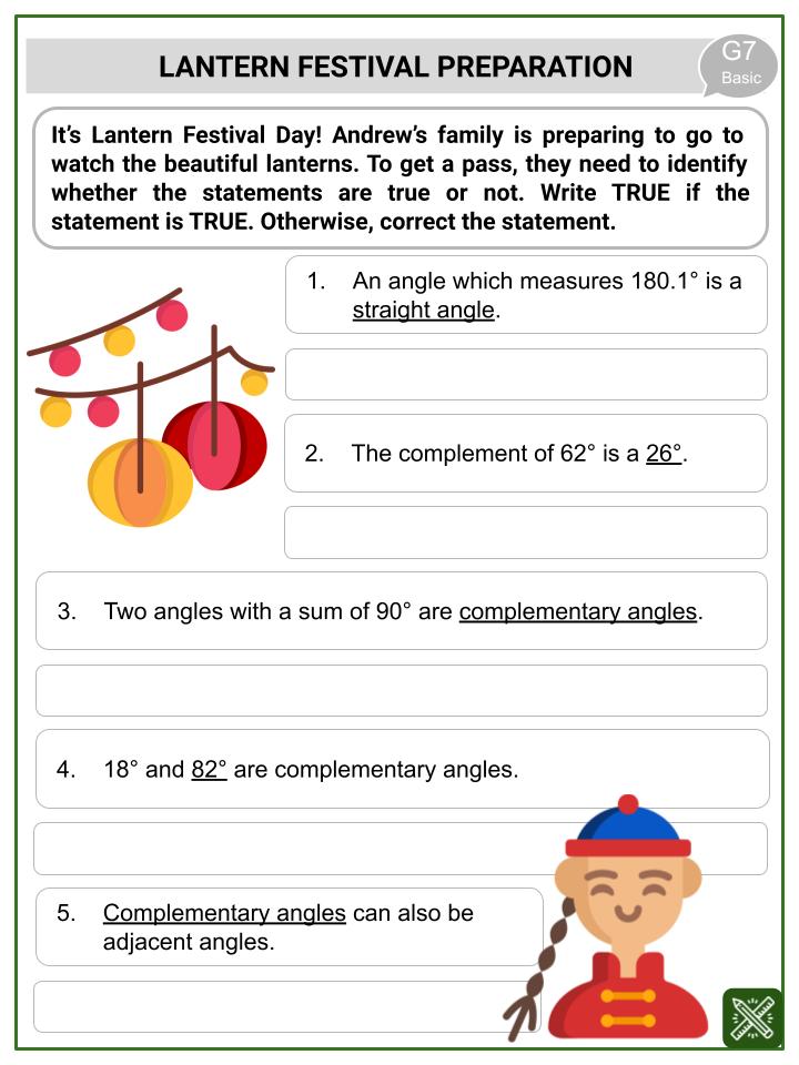 Complementary Angles (Lantern Festival Themed) Worksheets