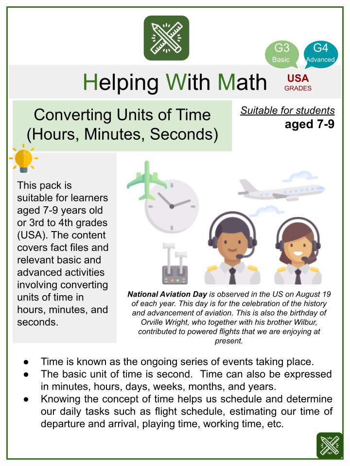 Converting Units of Time (Hours, Minutes, Seconds) (National Aviation Day Themed) Math Worksheets