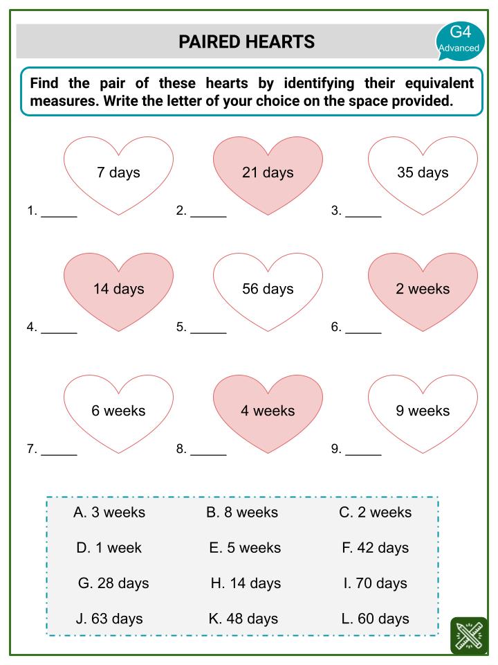 Converting Units of Time_ (days, weeks, months, and years) (Valentine's Day Themed) Worksheets