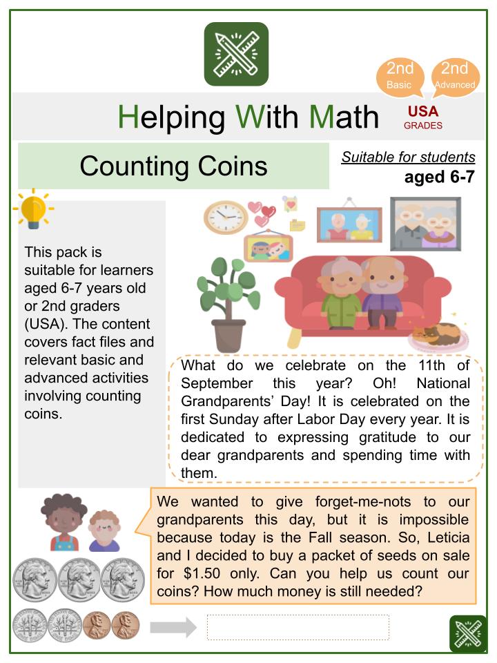 Counting Coins (Grandparents' Day Themed) Math Worksheets