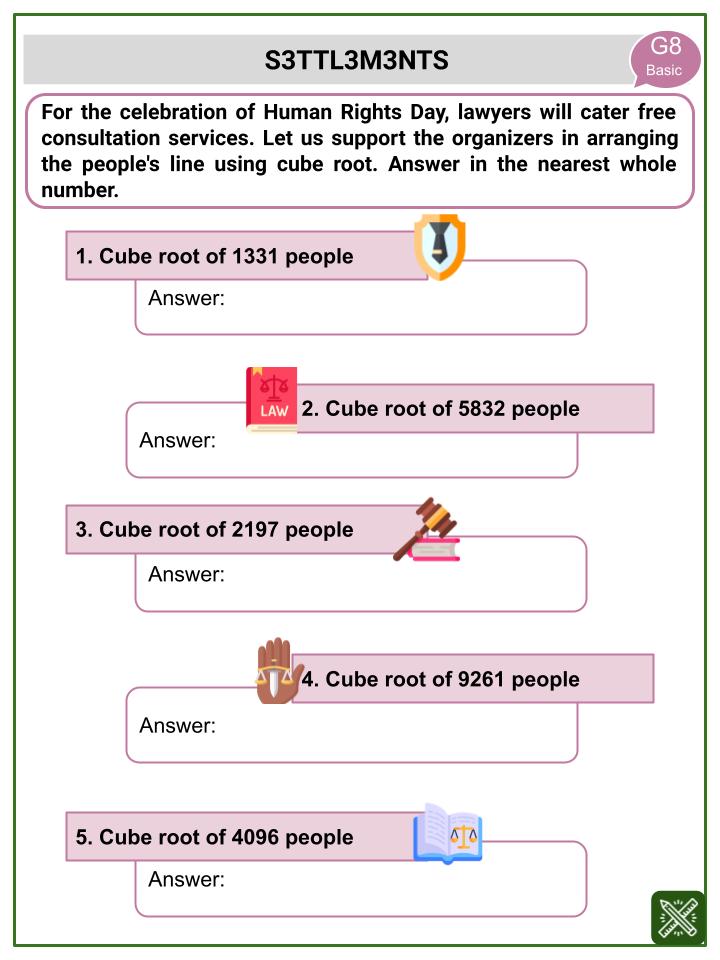 Cube Root (Human Rights Day Themed) Worksheets