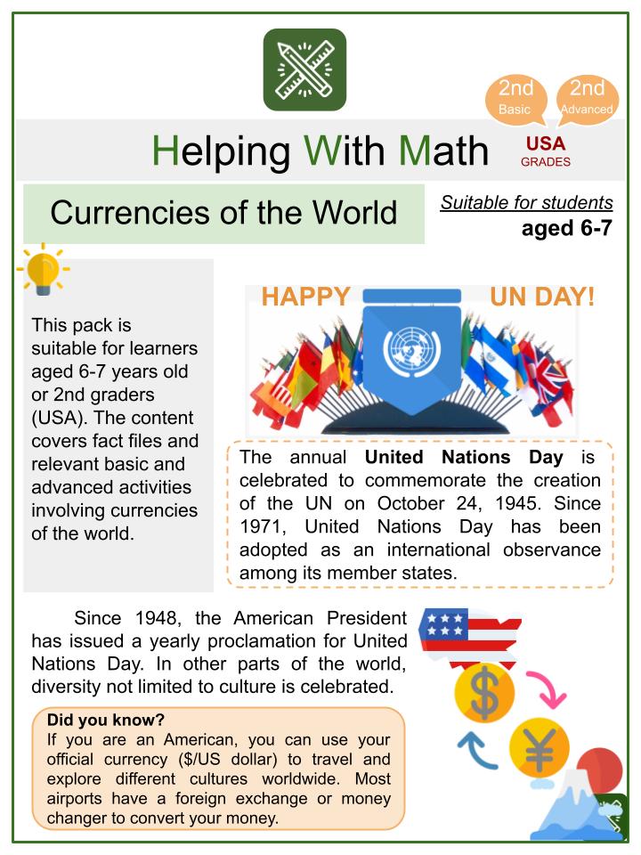 Currencies of the World (United Nations Day Themed) Math Worksheets