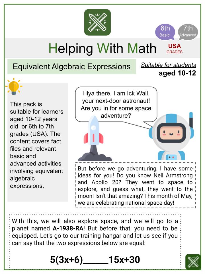 Equivalent Algebraic Expressions (National Space Day Themed) Math Worksheets