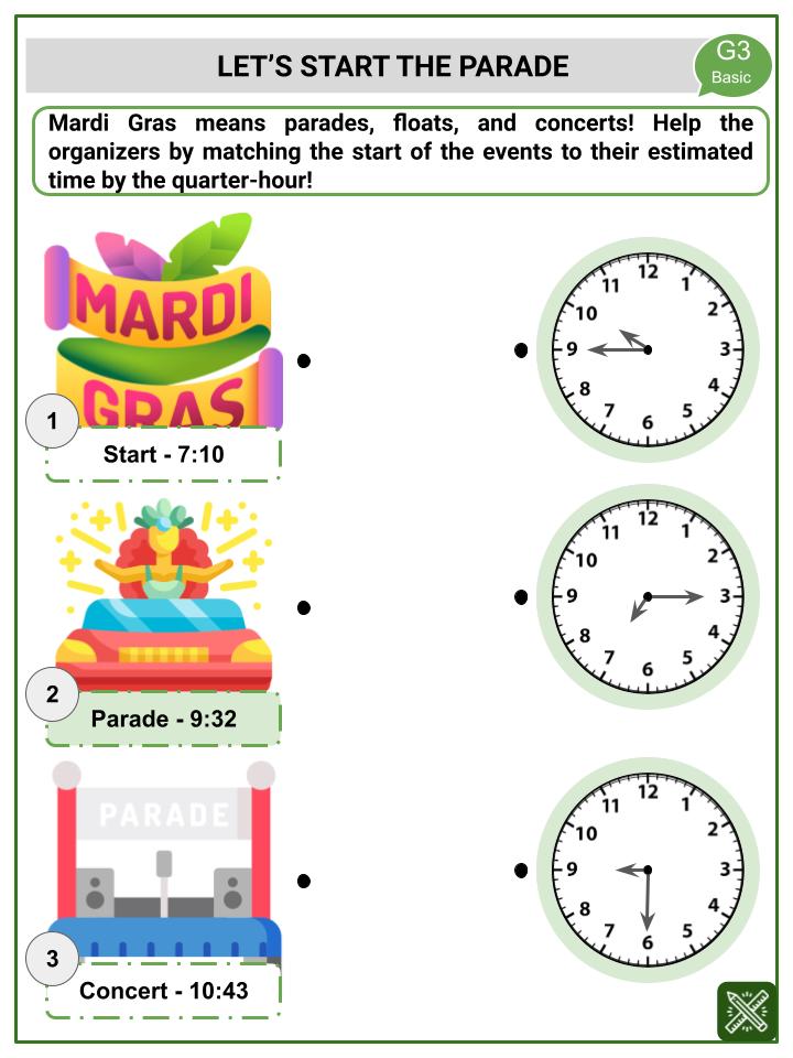 Estimating and Rounding Time (Mardi Gras Themed) Worksheets