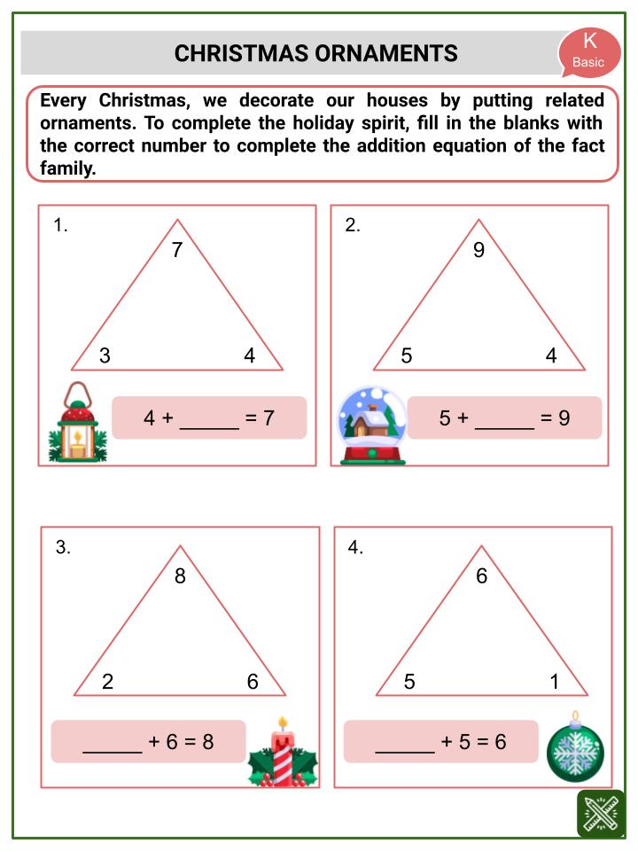 Fact Families for Addition and Subtraction (Christmas Themed) Worksheets