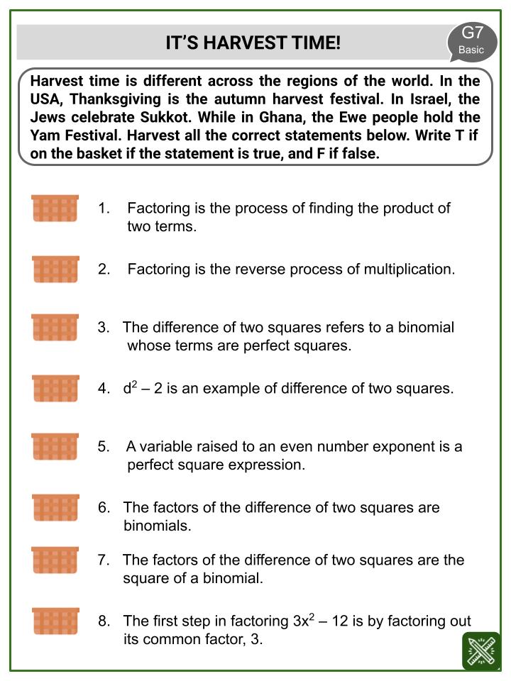 Factoring Difference of Two Squares (DOTS) (Harvest Festival Themed) Worksheets