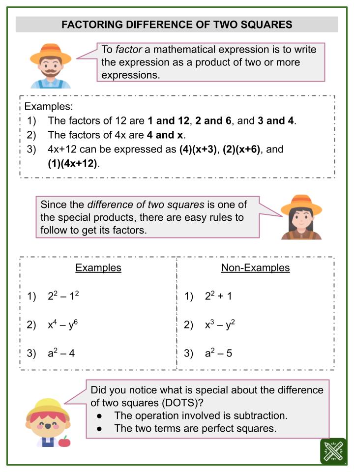 Factoring Difference of Two Squares (DOTS) (Harvest Festival Themed) Worksheets
