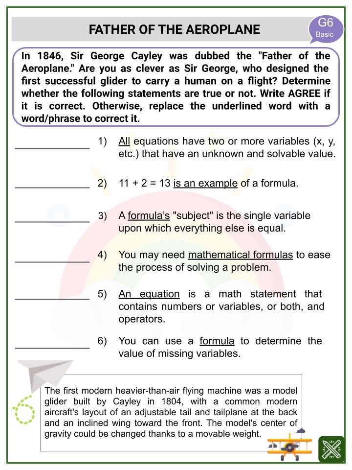 Formulas (National Aviation Day Themed) Worksheets