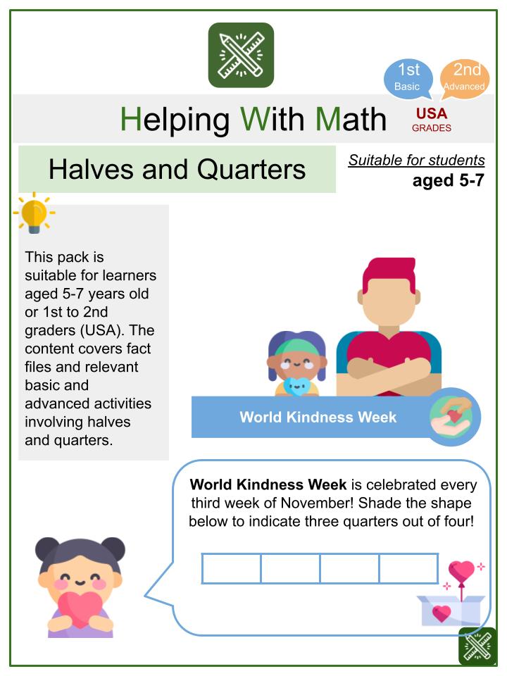 Halves and Quarters (World Kindness Week Themed) Math Worksheets