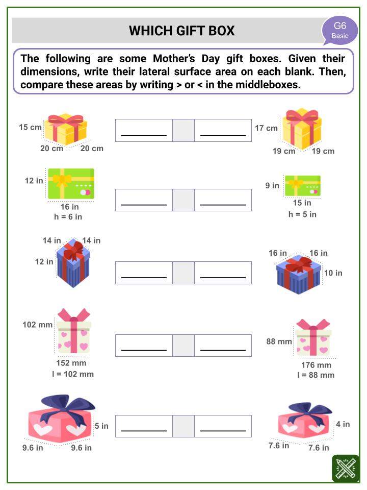Lateral Surface Area of a Cuboid (Mother's Day Themed) Worksheets