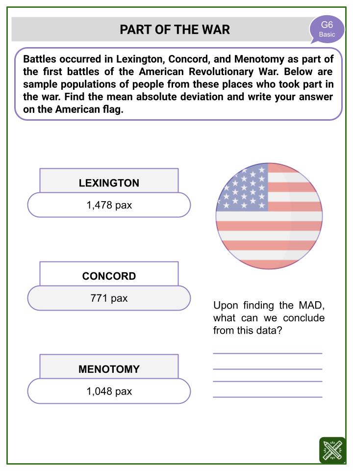Mean Absolute Deviation (Patriots' Day Themed) Worksheets