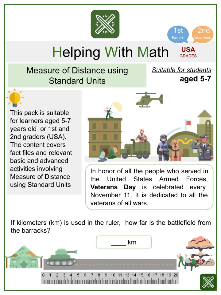 Measure of Distance using Standard Units (Veterans Day Themed) Math Worksheets