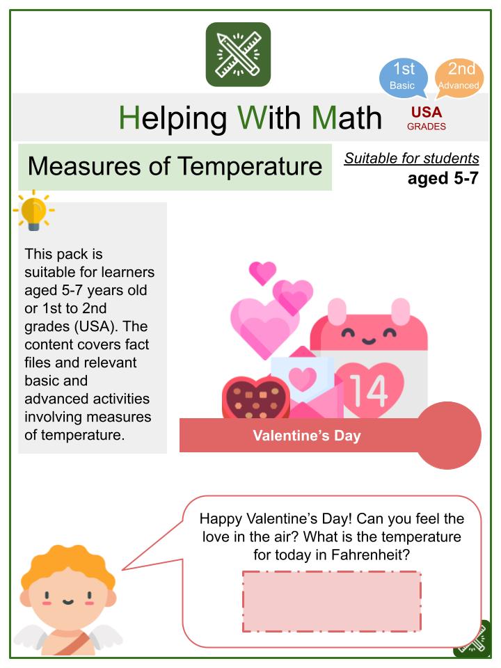Measures of Temperature (Valentine's Day Themed) Math Worksheets
