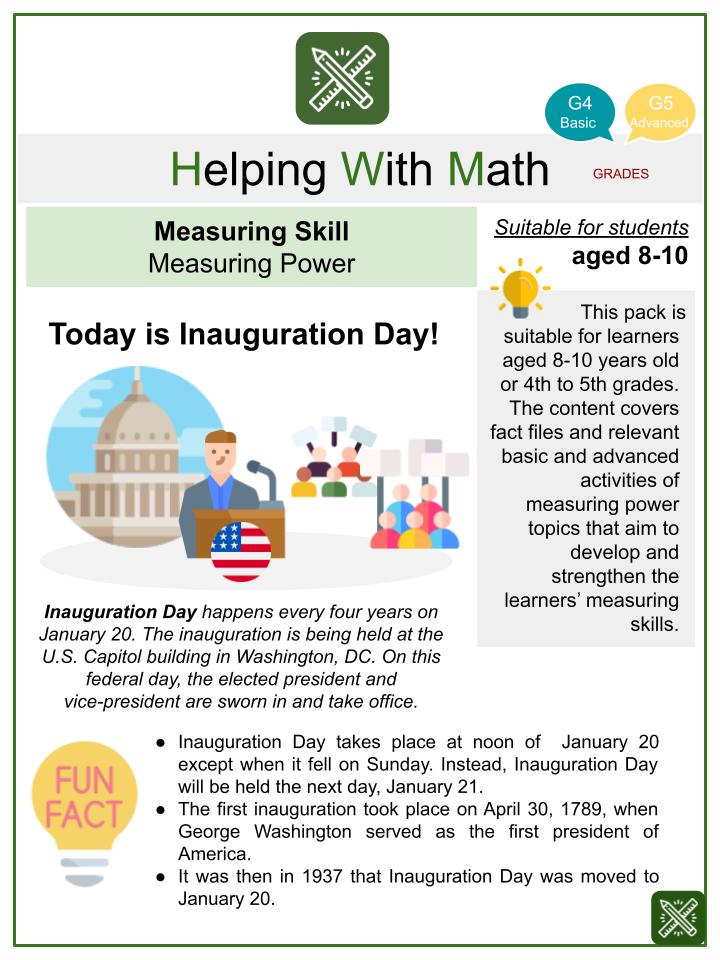 Measuring Skill: Measuring Power (Inauguration Day Themed) Math Worksheets