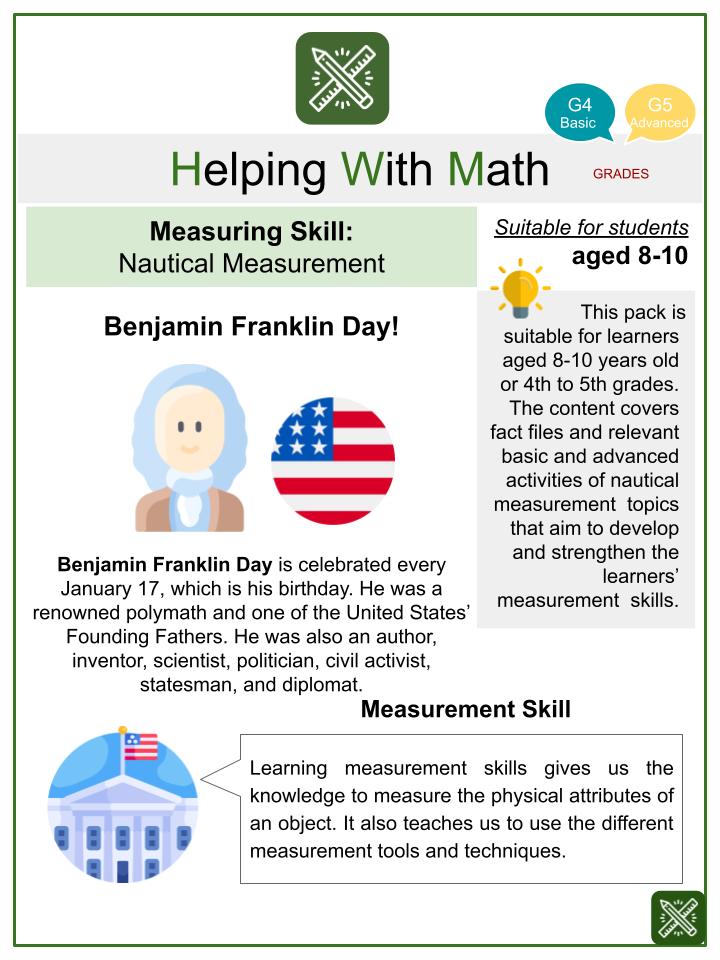 Nautical Measurement (Benjamin Franklin Day Themed) Math Worksheets
