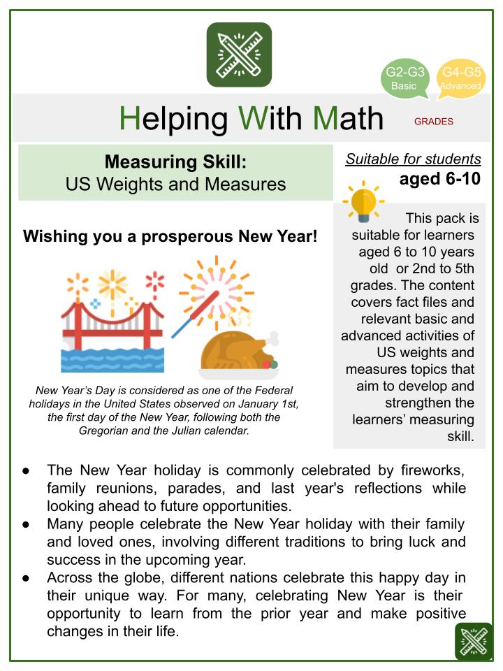 US Weights and Measures (New Year's Day Themed) Math Worksheets