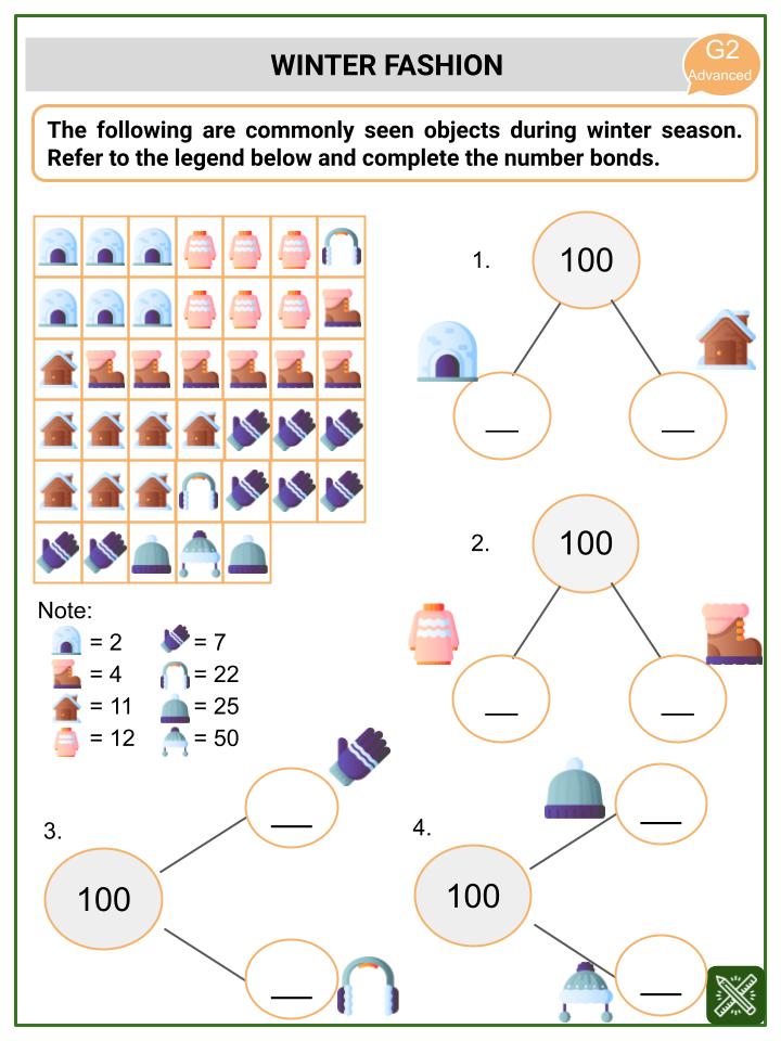 Number Bonds to 100 (Winter Themed) Worksheets