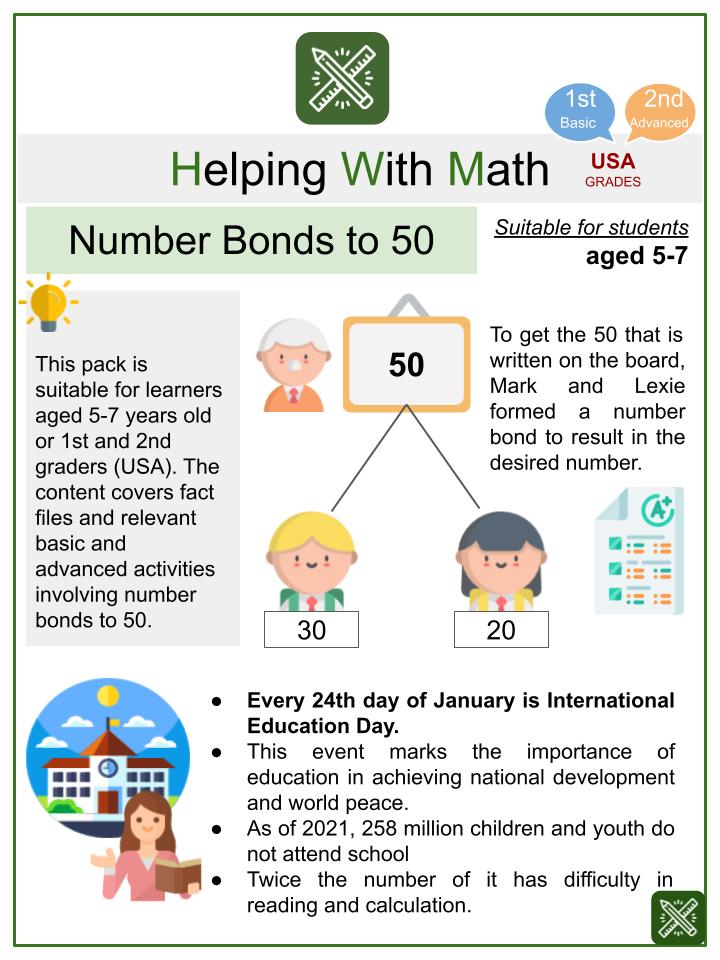 Number Bonds to 50 (International Day of Education Themed) Math Worksheets