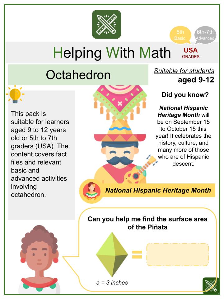 Octahedron (National Hispanic Heritage Month Themed) Math Worksheets