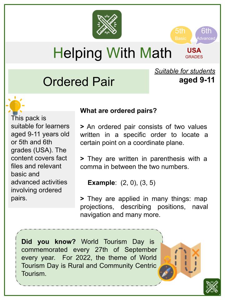 Ordered Pair (World Tourism Day Themed) Math Worksheets