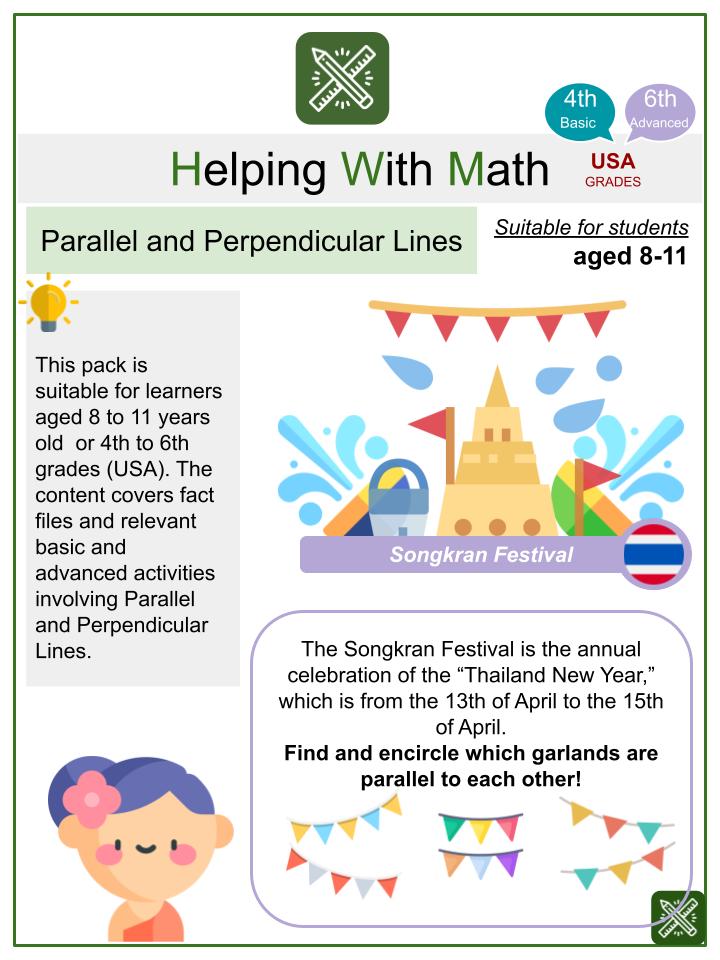 Parallel and Perpendicular Lines (Songkran Festival Themed) Math Worksheets