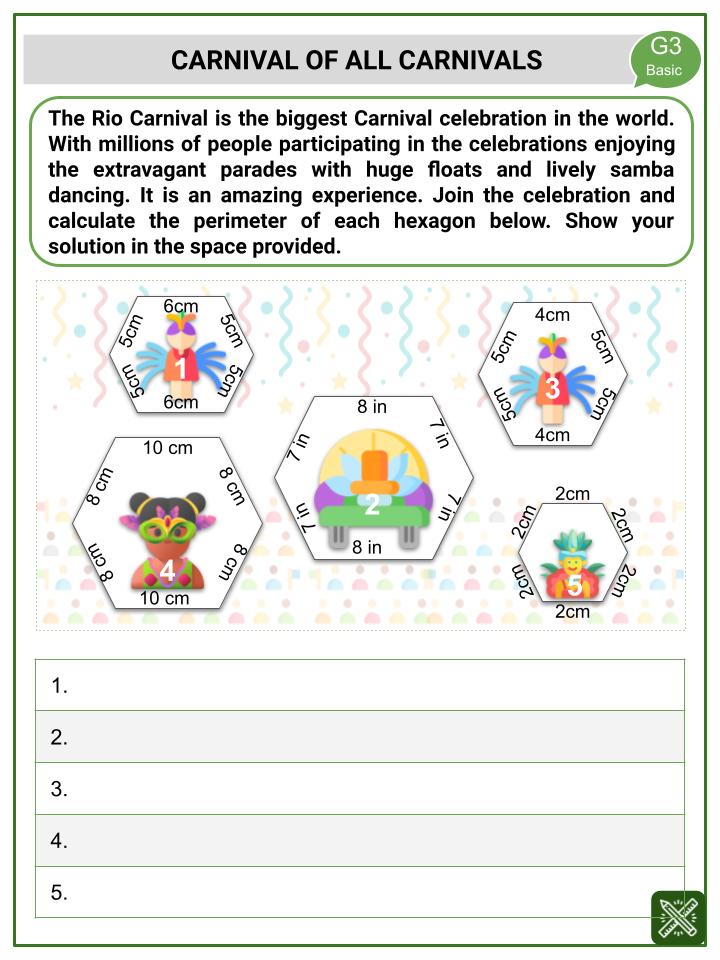 Perimeter of a Hexagon (Rio Carnival Themed) Worksheets