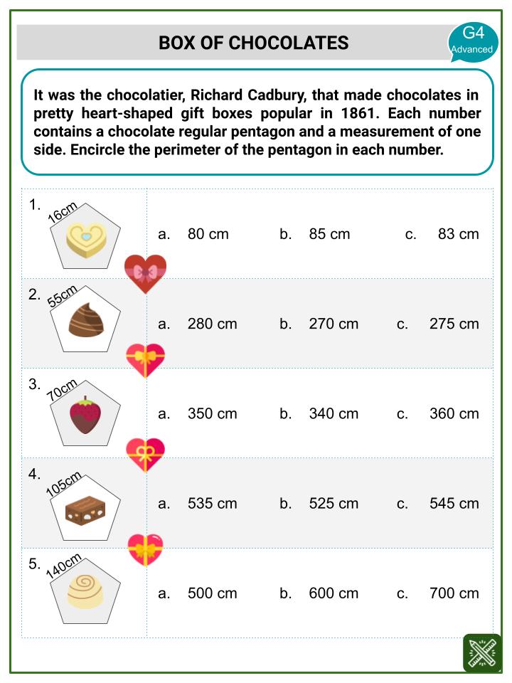Perimeter of a Pentagon (Valentine's Day Themed) Worksheets