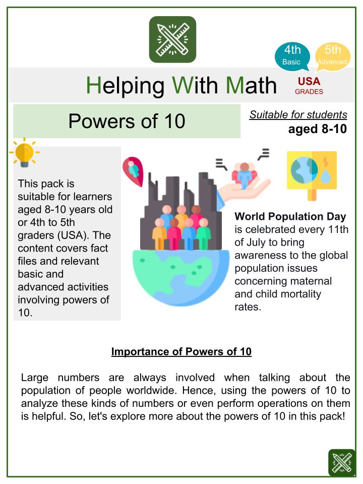Powers of 10 (World Population Day Themed) Math Worksheets
