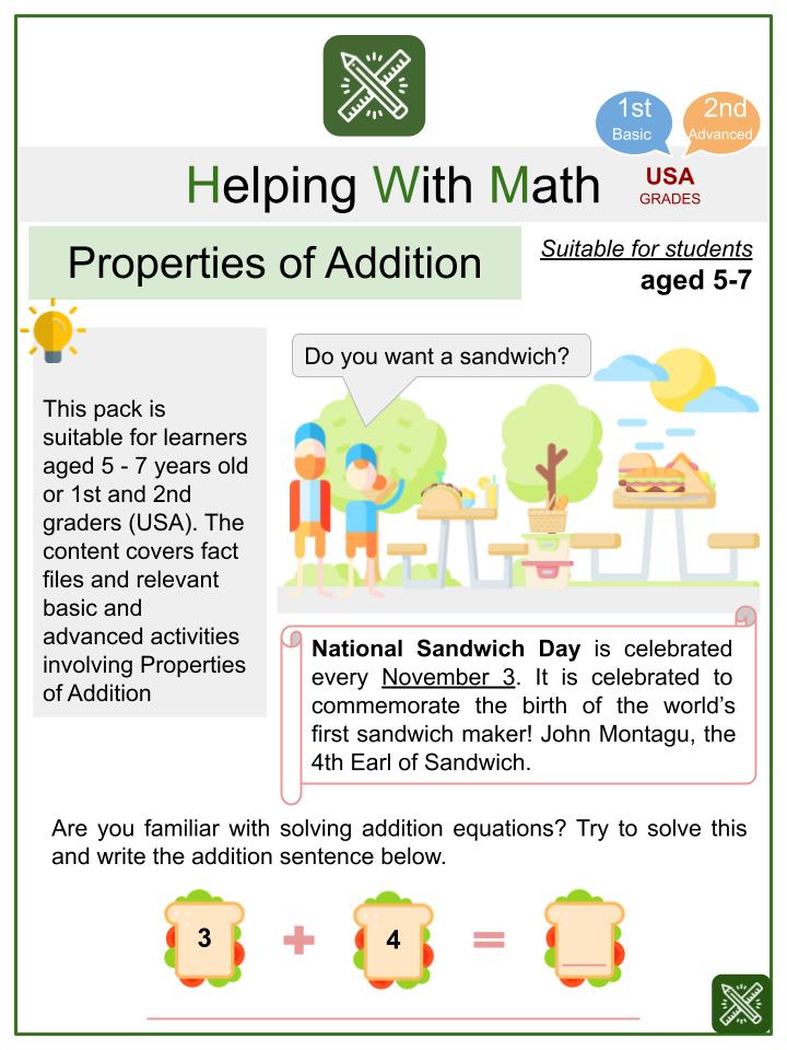 Properties of Addition (National Sandwich Day Themed) Math Worksheets