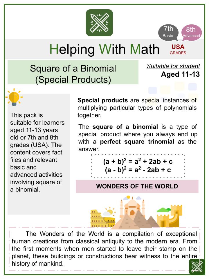 Square of a Binomial (Wonders of the World Themed) Math Worksheets