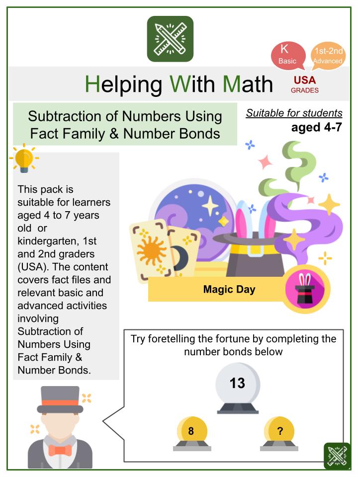 Subtraction of Numbers Using Number Bonds & Fact Families (Magic Day Themed) Math Worksheets