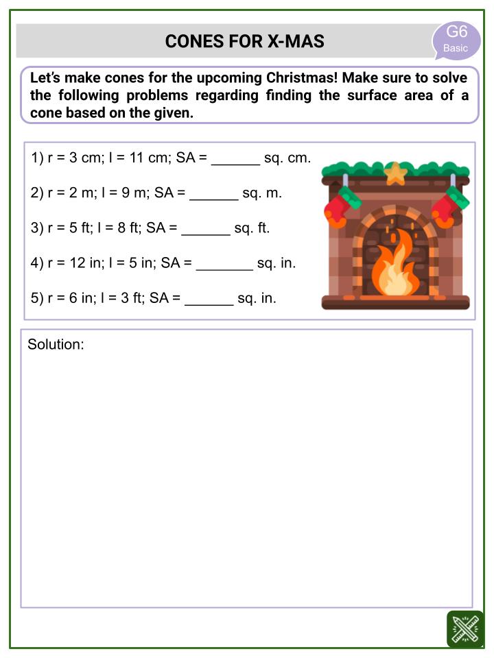 Surface Area of a Cone (Christmas Themed) Worksheets