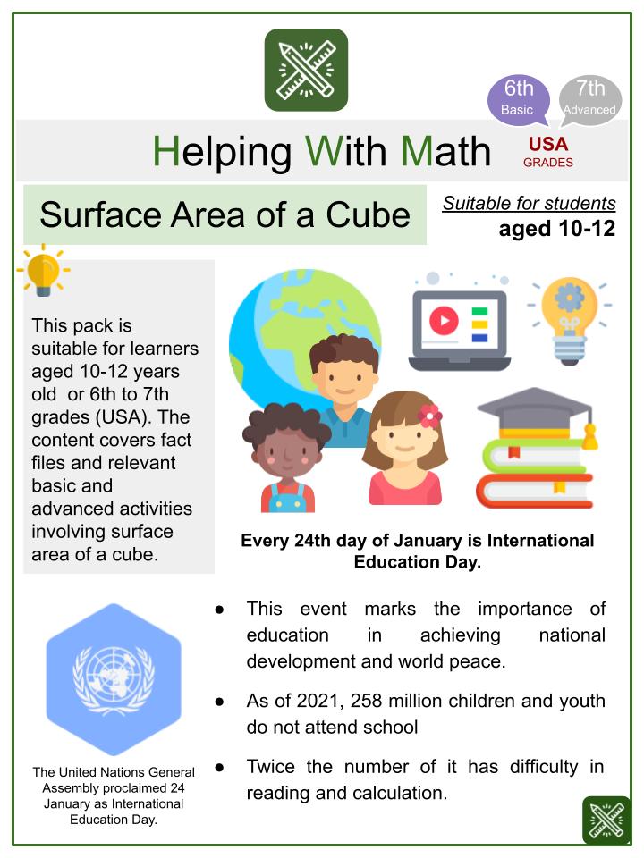 Surface Area of a Cube (International Day of Education Themed) Math Worksheets