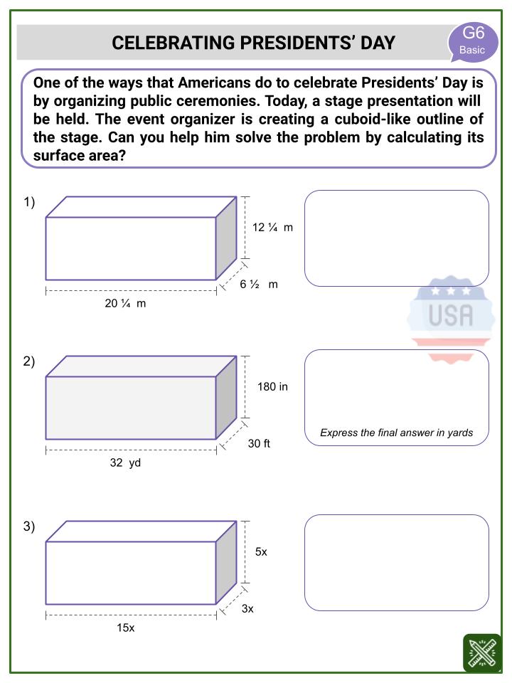 Surface Area of a Cuboid (President's Day Themed) Worksheets