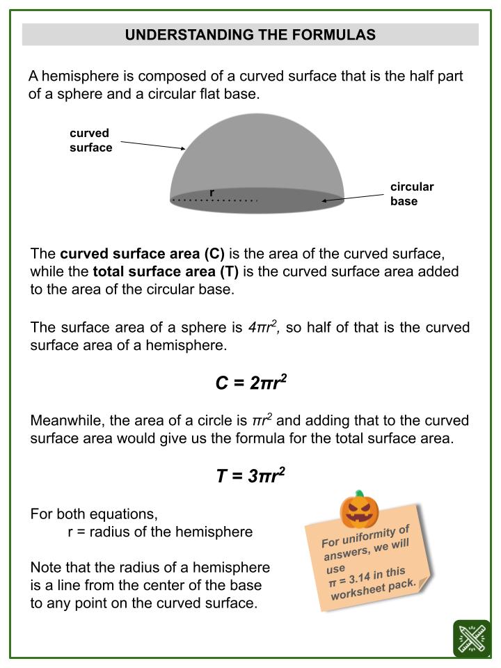 Surface Area of a Hemisphere (Halloween themed) Worksheets