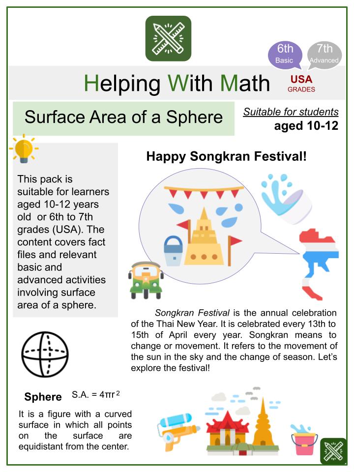 Surface Area of a Sphere (Songkran Festival Themed) Math Worksheets