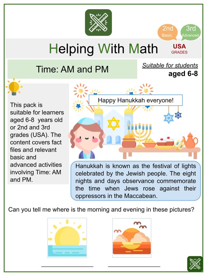 Time: AM and PM (Hanukkah Themed) Math Worksheets