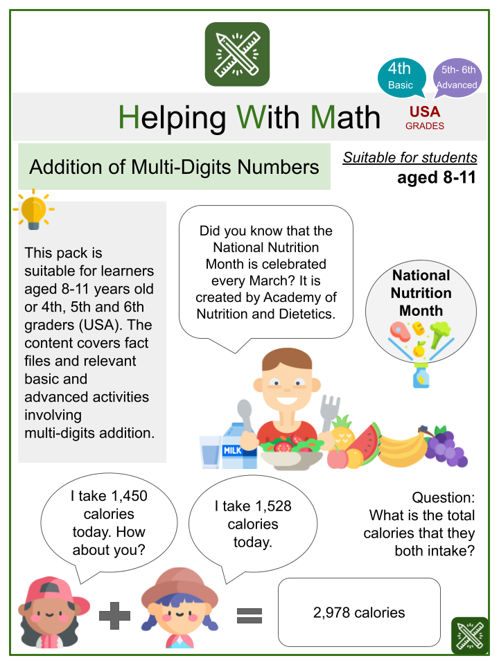 Addition of Multi-Digit Numbers Math Worksheets