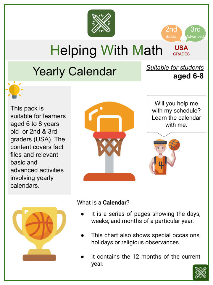Calendar (Yearly) (Basketball Themed) Math Worksheets