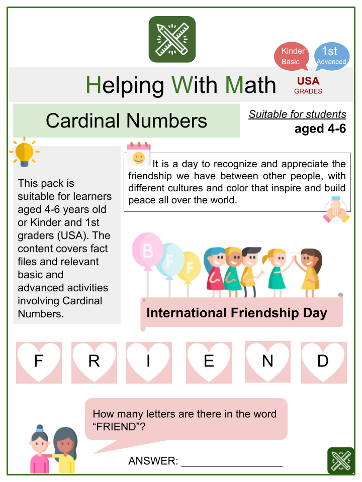 Cardinal Numbers (International Friendship Day) Math Worksheets